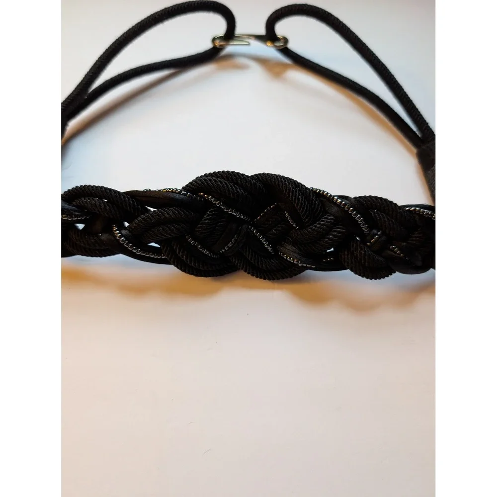 Vintage Leather Shop Black Braided Cord Nautical Knot Elastic Belt Gold Hook S